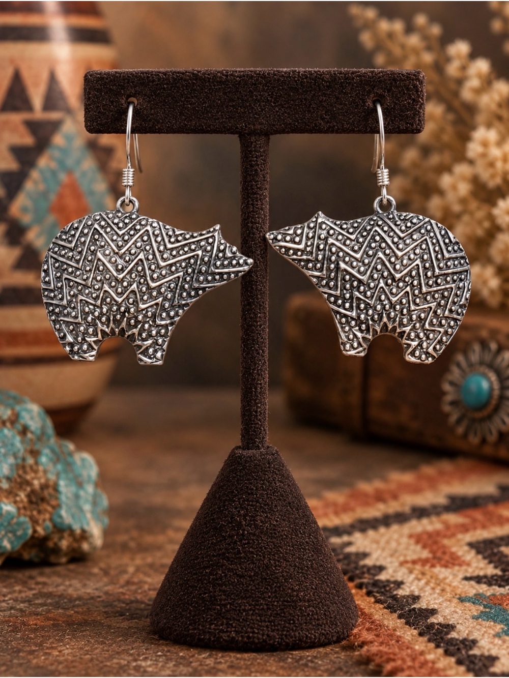 Earrings Southwestern Bear Dangle 10 Grams 925 Sterling Silver